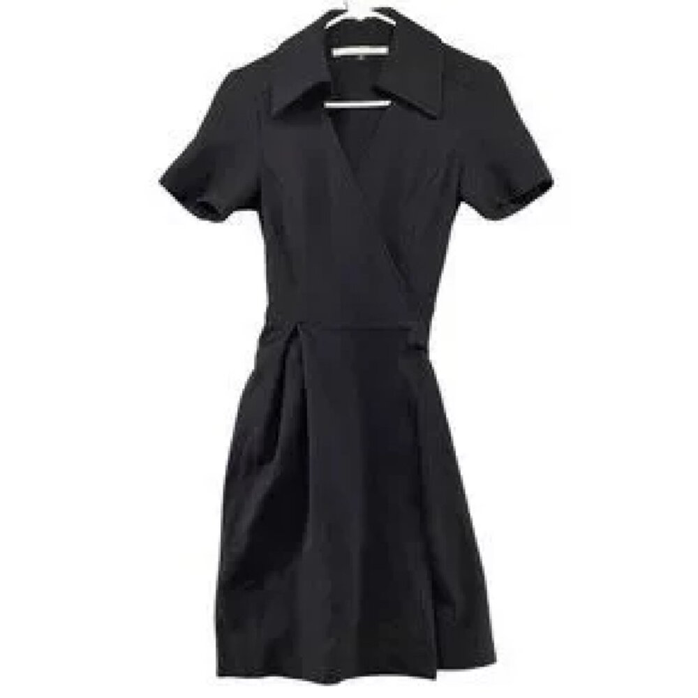Diane Von Furstenberg Womens Black Genuine Wrap Dress Size 6 Collared V-neck